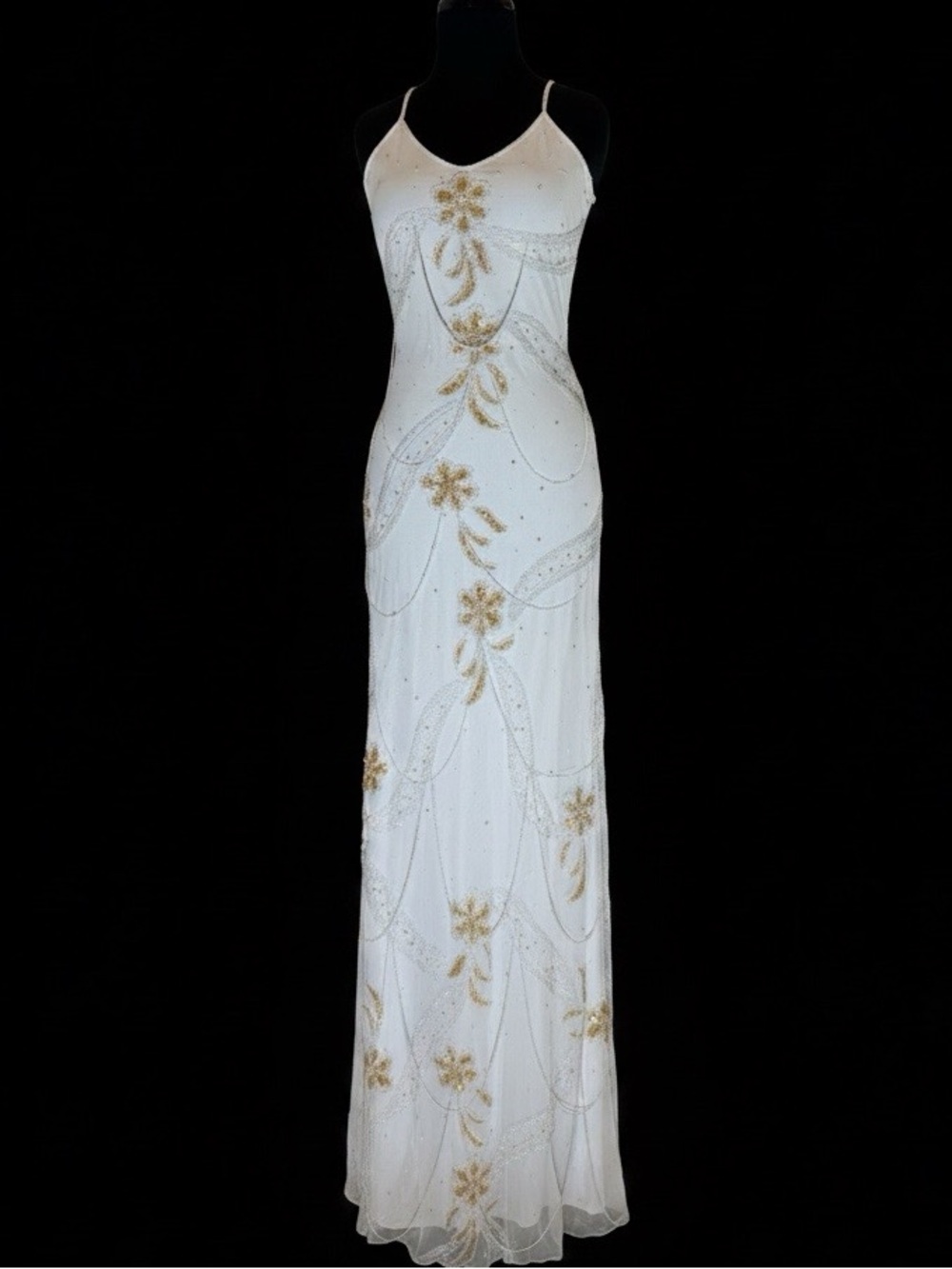 Elegant White hand Beaded Spaghetti Strap Evening Dress stretch, fabric stunning